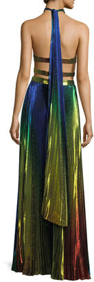 Rosie Assoulin Rainbow Pleated Metallic Halter Gown