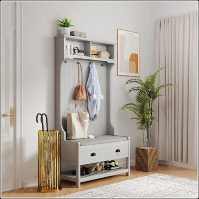 3-In-1 Hallway Hall Tree With 2 Storage Drawer And 4 Coat Rack, Wooden Entryway Shoe Rack Bench With Padded Seat Cushion, Mudroom Bench With Top Stora