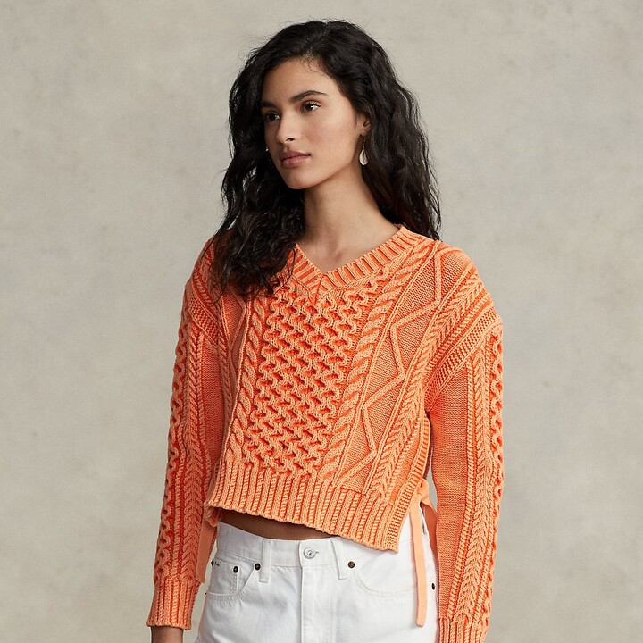 Ralph Lauren Aran-Knit Cotton V-Neck Sweater - ShopStyle