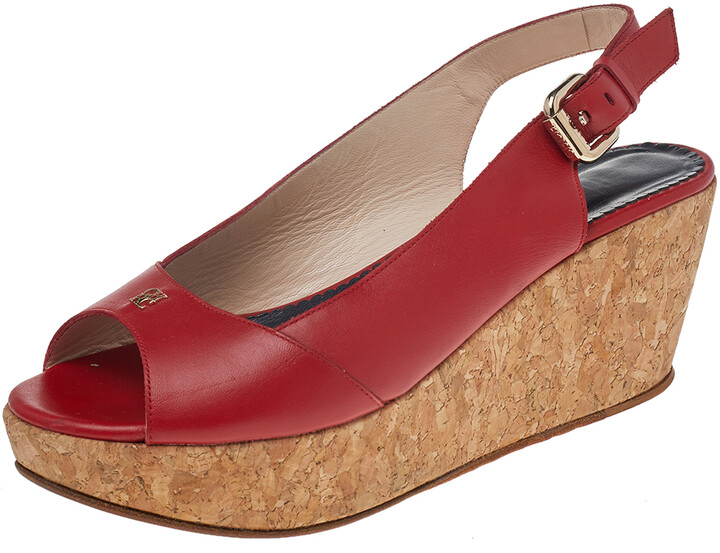 CH Carolina Herrera Red Leather Cork Wedge Platform Peep Toe Slingback  Sandals Size 37 - ShopStyle