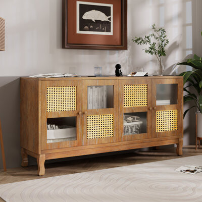 Retro 4-Door Sideboard with Large Storage Space Artificial Rattan Doors and Transparent Glass, Accent Cabinet for Entryway Dining Room Kitchen Living