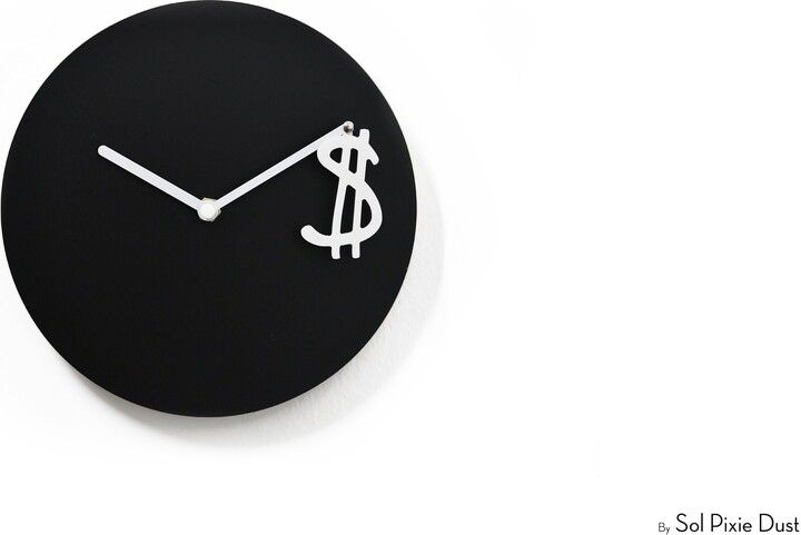 Unique Minimalist Wall Clock - White & Black With Hanging Dollar Fun Gift Idea Entrepreneur Funny Office