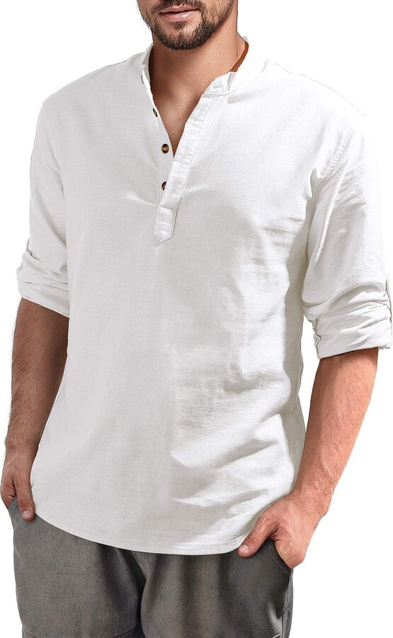 Aimeilgot Mens Long Sleeve Henley Shirt Cotton Linen Beach Loose Fit  Henleys Tops(Large White) - ShopStyle