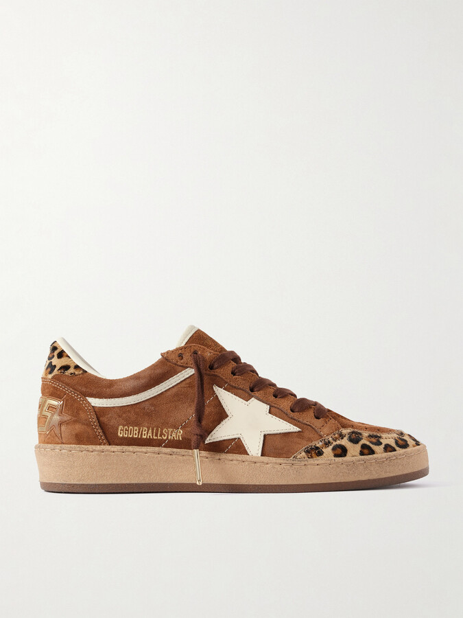 Golden Goose Ball Star Distressed Leather And Calf Hair-trimmed Suede Sneakers - Brown