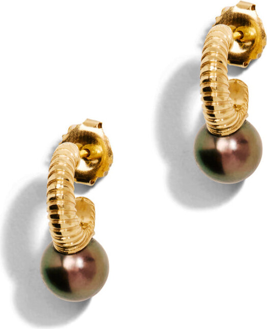 Retrouvaí Petite Modern Love Yellow Gold Tahitian Pearl Hoop Earrings