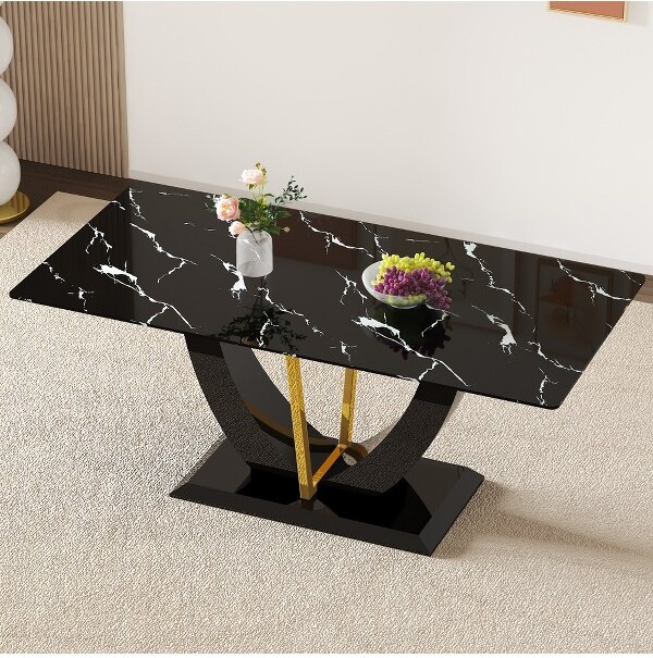 GulchesBlackImitationMarbleTemperedGlassTableCrescentBracketDiningOfficeGameDeskForDiningRoomLivingRoomTerraceKitchen