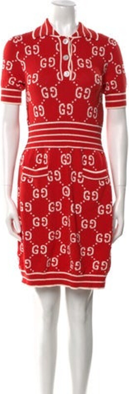 Gucci Shirtdress From the Spring/Summer 2024 Collection by Sabato De Sarno Red GG Logo Short Sleeve with Collar Button Closure at Front Includes Designer Garment Bag Designer