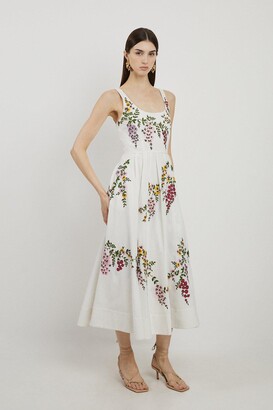 Karen Millen Floral Embroidered Cotton Linen Woven Prom
