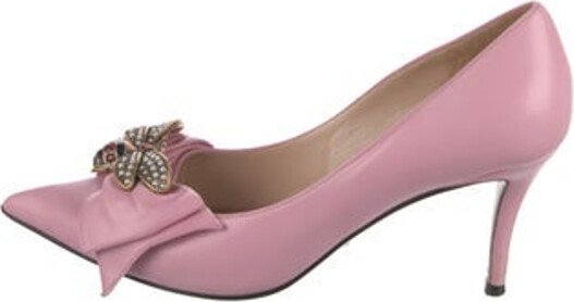 Gucci Leather Pumps Pink Faux Pearl Accents & Bee Accent Crystal & Bow Accents Pointed-Toes Unfortunately, due to restrictions, this item may not be eligible for shipping in all areas.