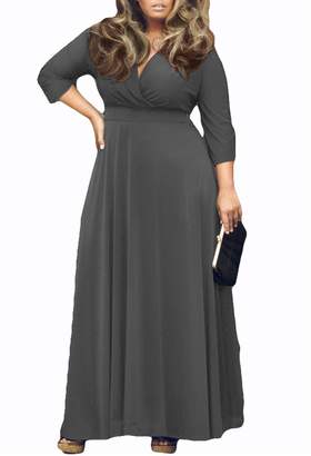 Leezeshaw Women's Solid V-Neck 3/4 Sleeve Plus Size Evening Party Maxi Dress