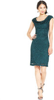 Thumbnail for your product : Connected Cap-Sleeve Lace Cowl-Neck Sheath