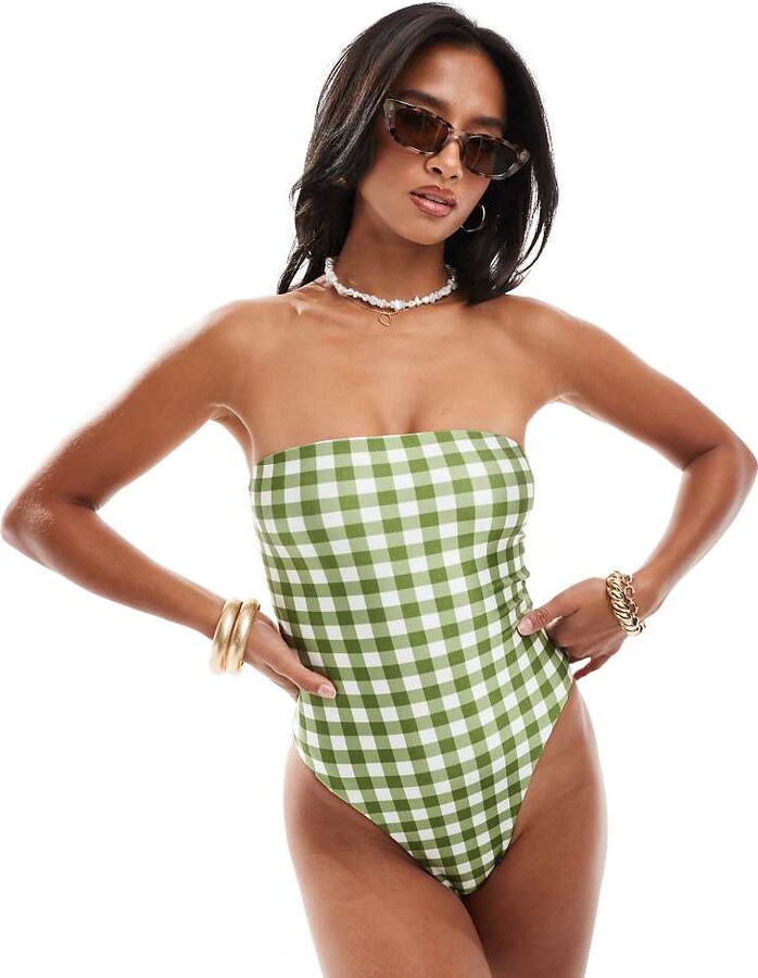 ASOS Petite ASOS DESIGN Petite sleek bandeau swimsuit in green gingham