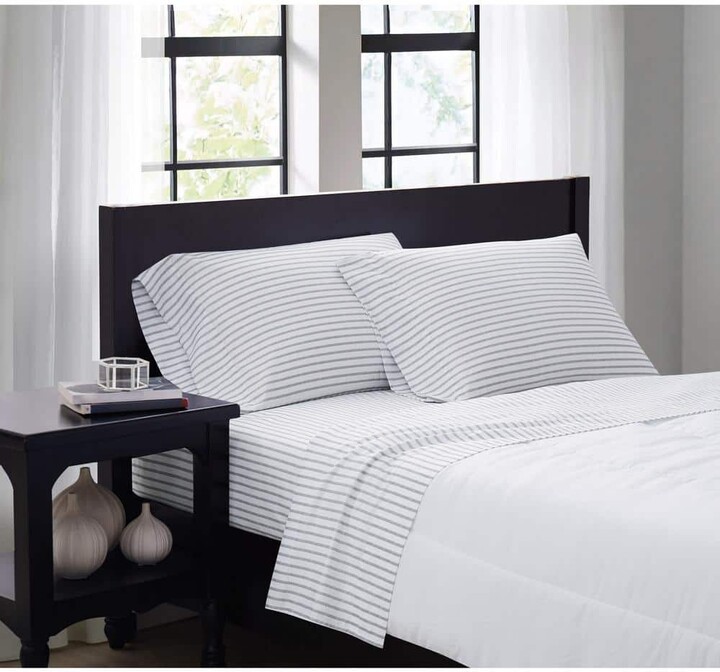 Truly Soft Pinstripe 4-Piece White/Grey Microfiber Queen Sheet Set
