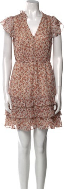 Rebecca Taylor Silk A-Line Dress Metallic & Pink Floral Print Ruffle Embellishment Short Sleeve with V-Neck Button Closure at Front Designer