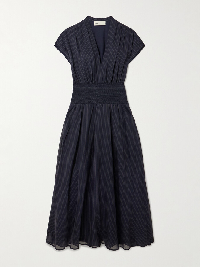 Tory Burch - Gathered Shirred Pleated Striped Cotton Midi Dress - Blue