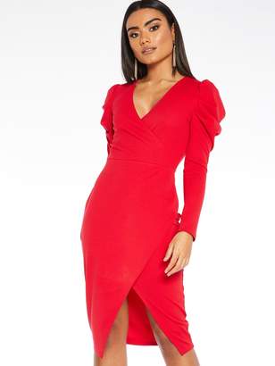 Quiz Scuba Crepe Wrap Front Skirt Puff Sleeve Dress - Red