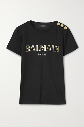 Balmain Button-embellished Printed Cotton-jersey T-shirt - Black
