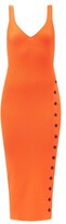 Thumbnail for your product : Self-Portrait V-neck Buttoned Side-slit Ribbed Midi Dress - Orange