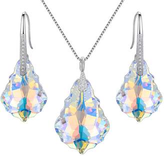 Swarovski EleQueen 925 Sterling Silver CZ Baroque Drop Pendant Necklace Dangle Earrings Set Adorned with Crystals