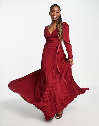 ASOS DESIGN Bridesmaid pleated long sleeve maxi dress with satin wrap waist in burgundy