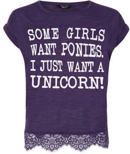 New Look Teens Purple I Just Want A Unicorn Lace Hem T-Shirt