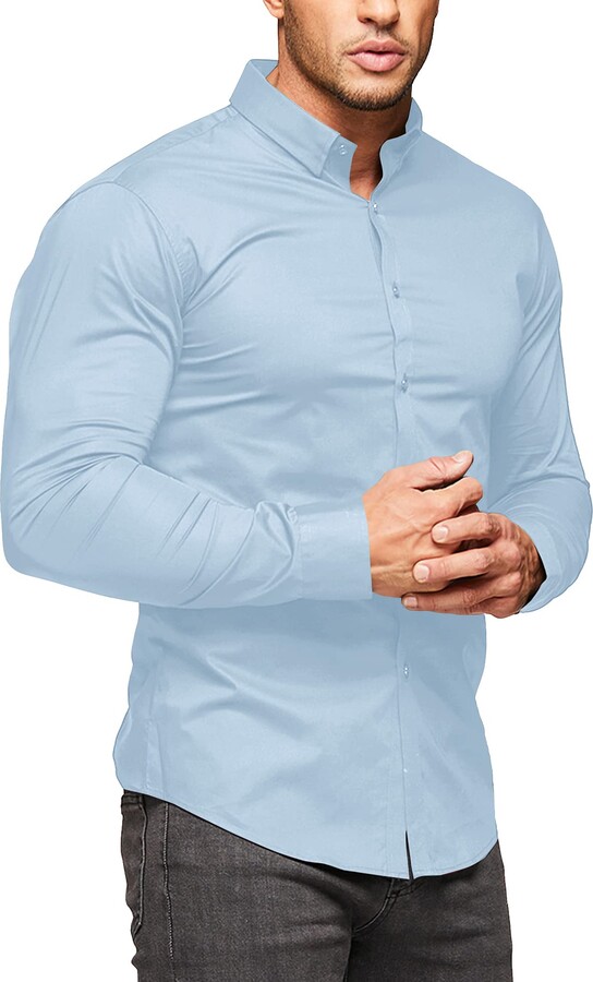 URRU Men's Muscle Dress Shirts Slim Fit Stretch Long Sleeve Casual ...