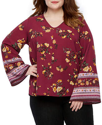 A.N.A Plus Womens V Neck Long Sleeve Floral Blouse