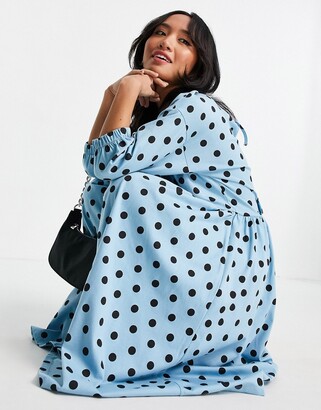 ASOS Petite DESIGN Petite midi smock dress with wrap top in blue and black spot