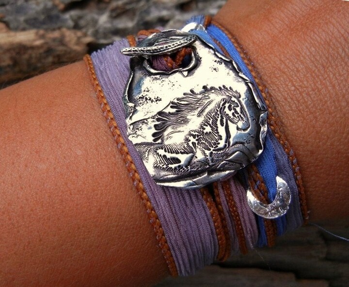 Etsy Kentucky Derby Jewelry Horse Silver Silk Wrap Bracelet Women Teen Gift Idea Race Pony Teenager Gift Best Seller
