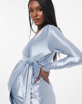 ASOS Maternity ASOS DESIGN Maternity stretch satin wrap midi dress in dusty blue