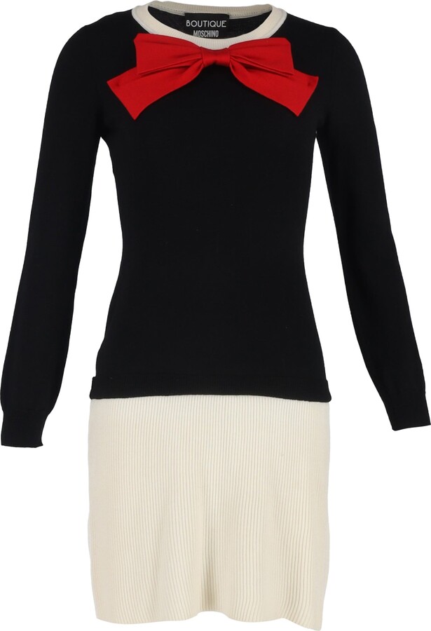 Boutique Bow Long Sleeve Mini Dress in Black Wool
