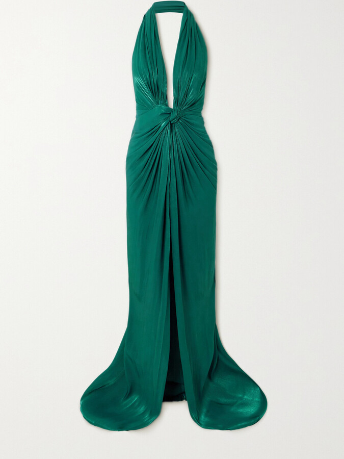 Costarellos Twist-front Metallic Georgette Halterneck Gown - Green