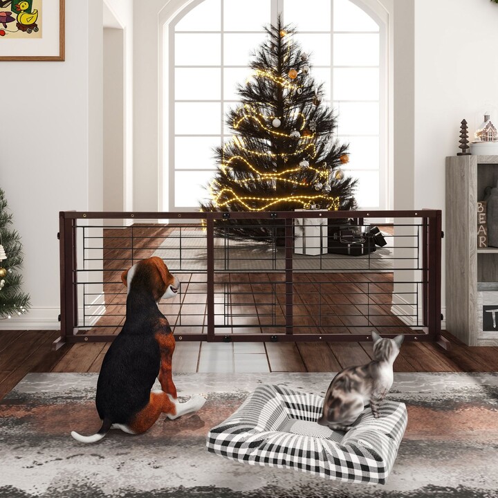 coziwow Extra Wide Adjustable Wooden Freestanding Dog Gate, Brown