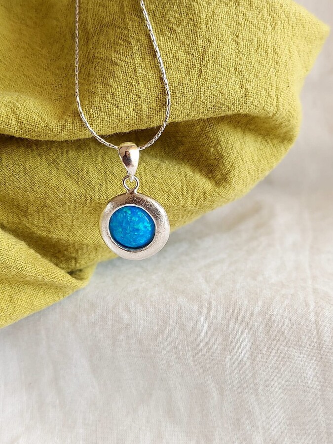 Etsy Opal Necklace Round Necklace Silver Necklace For Women Blue Jewelry Brushed Gift Daughter