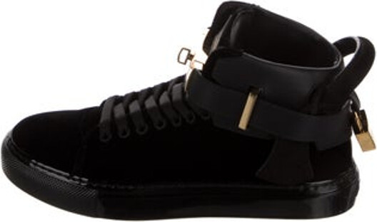 Buscemi Velvet High Top Sneakers Black Leather & Rubber Trim Round-Toes Lace-Up Closure at Uppers Includes Box & Dust Bag