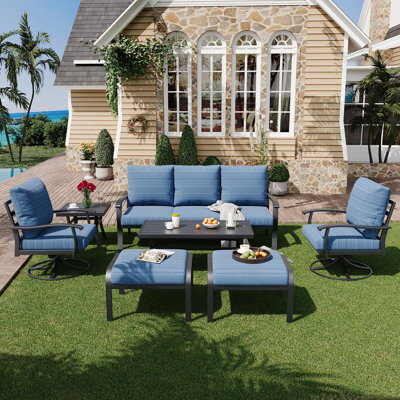 Winston Porter 7 PCS Outdoor Metal Conversation Set With 360° Swivel Rocking Chairs Sofa Coffee Table&Ottoman For Patio Garden Deck Or Poolside
