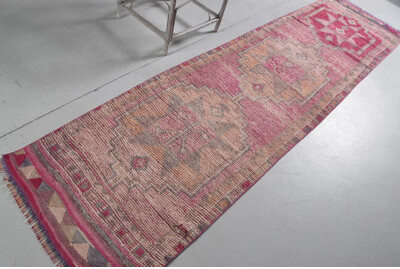Bungalow Rose Vintage Anatolian Turkish Herki Rug in Pink for Bedroom or Kitchen Handmade Area Decor