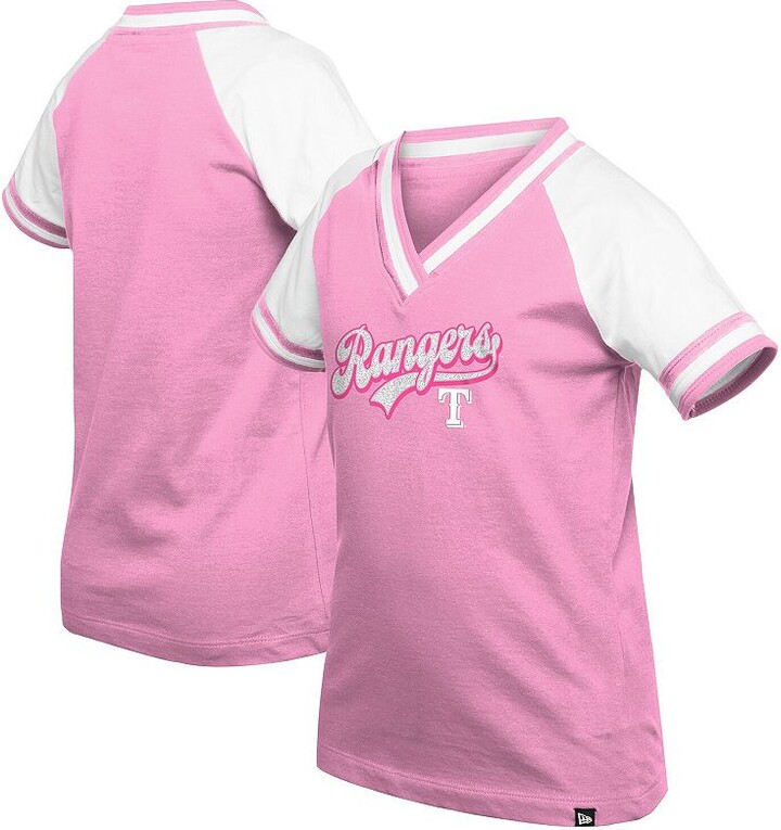 Girls Youth New Era Pink Texas Rangers Mommy & Me Raglan V-Neck T-Shirt