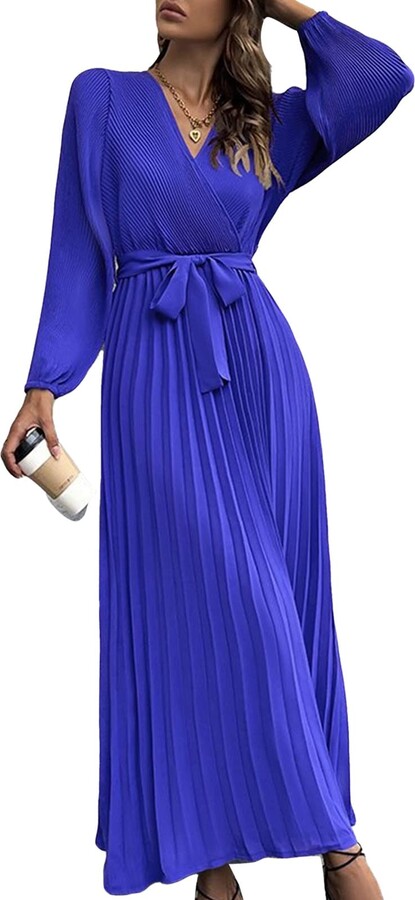 Ejoyous Women's Long Dress V Neck Long Sleeve Pleated A Line Skirt