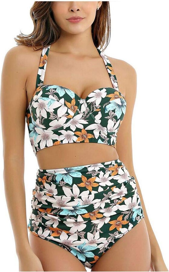 LOPILY Ladies Two Piece Swimsuit Beachwear Boom Allover Scrunch Swimsuits High Waisted Bikinis