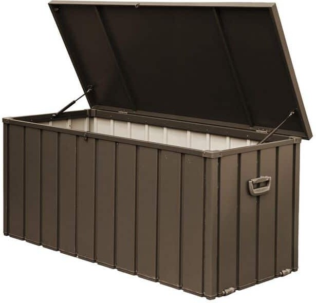 WTVWTV 120 Gallon Steel Outdoor Storage Deck Box 24.69 in W x 49.41 in D x 27.56 in H Dark Brown Outdoor Storage Cabinet