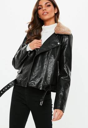 Missguided Faux Leather Teddy Collar Biker Jacket