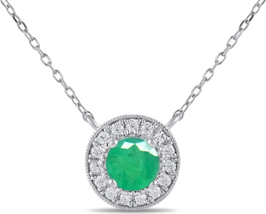 Zales 6.0mm Emerald and 1/5 CT. T.w. Lab-Grown Diamond Frame Vintage-Style Necklace in 14K White Gold
