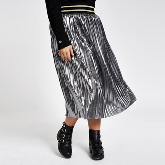 River Island Womens Plus Silver metallic pleated midi skirt