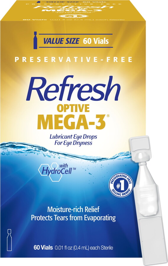 Refresh Optive Mega-3 Lubricant Eye Drops Preservative-Free Artificial Tears, 0.4 ml, 60 Count