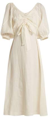 Zimmermann Painted Heart V Neck Gathered Linen Midi Dress - Womens - Cream