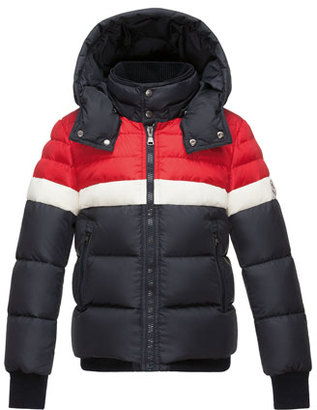 Moncler Aymond Hooded Colorblock Puffer Jacket, Navy, Size 4-6