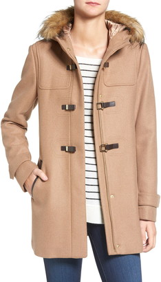 camel faux fur trim coat