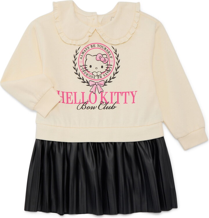Hello Kitty Toddler Girls' Mixed Graphic Collared Dress with Long Sleeves, Sizes 12M-5T