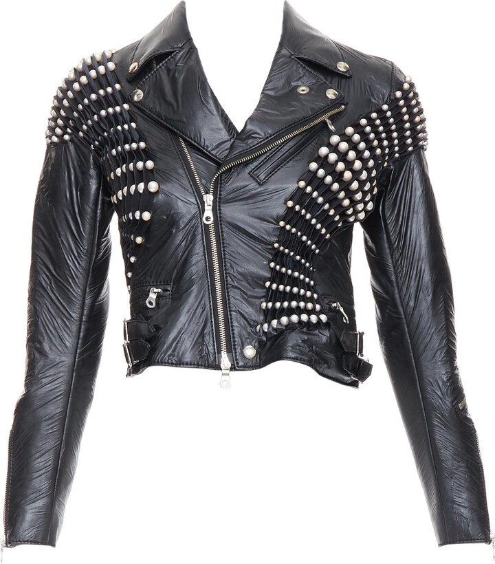 Noir Kei Ninomiya 2014 Black Faux Leather Pearl Bead Cropped Jacket S